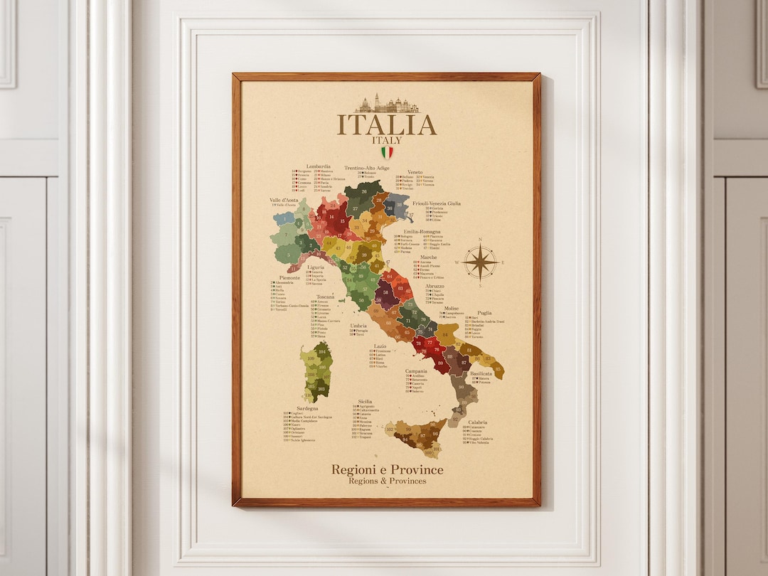 Professional Italian Map Italy Map Poster | Decorative Map of Italian Regions & Provinces | Wall ...