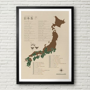 Japanische Tee Dekorative Karte, Küchen Wanddeko, Tee Wand Kunst, Japan Poster, Tee Geschenk, Teeliebhaber, Reise Karte, Vintage Poster, Maps