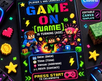 Plantilla editable de invitación de cumpleaños para gamers, pixel art, fiesta de subida de nivel (Canva)