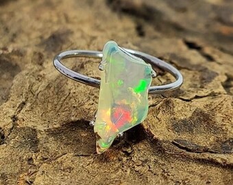 Natural Ethiopian OPAL Silver 925 Ring | Flashy Opal Slice Ring | Solid 925 Silver Ring | Adjustable Ring Size | Hand Crafted Silver Ring.