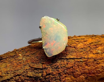 Natural Ethiopian OPAL Silver 925 Ring | Flashy Opal Slice Ring | Solid 925 Silver Ring | Adjustable Ring Size | Hand Crafted Silver Ring.