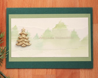 Christmas card fir forest in the fog - green