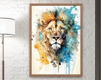 Póster de león enmarcado, impresión artística en color agua, pintura de póster enmarcado para decoración del hogar, gran regalo de inauguración de la casa, póster de vida salvaje para decoración de Safari
