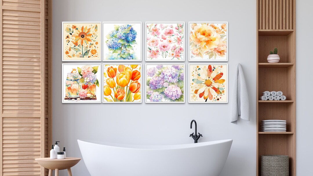 Bathroom Art Gallery Wall Art Set of 8 Vibrant Flowers Digital Art