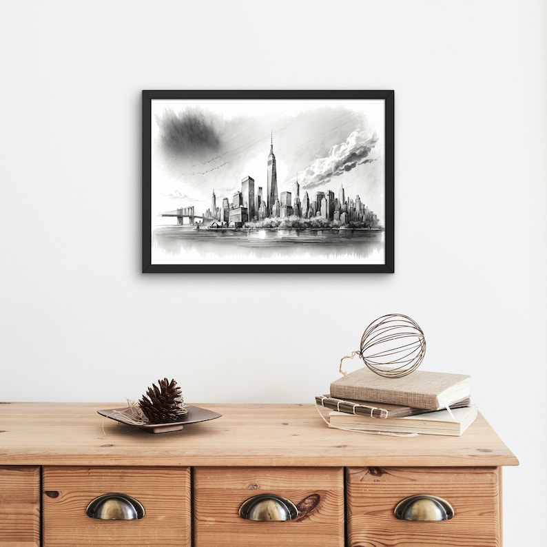 New York City Skyline Pencil Sketch Digital Art Instant Download Black ...