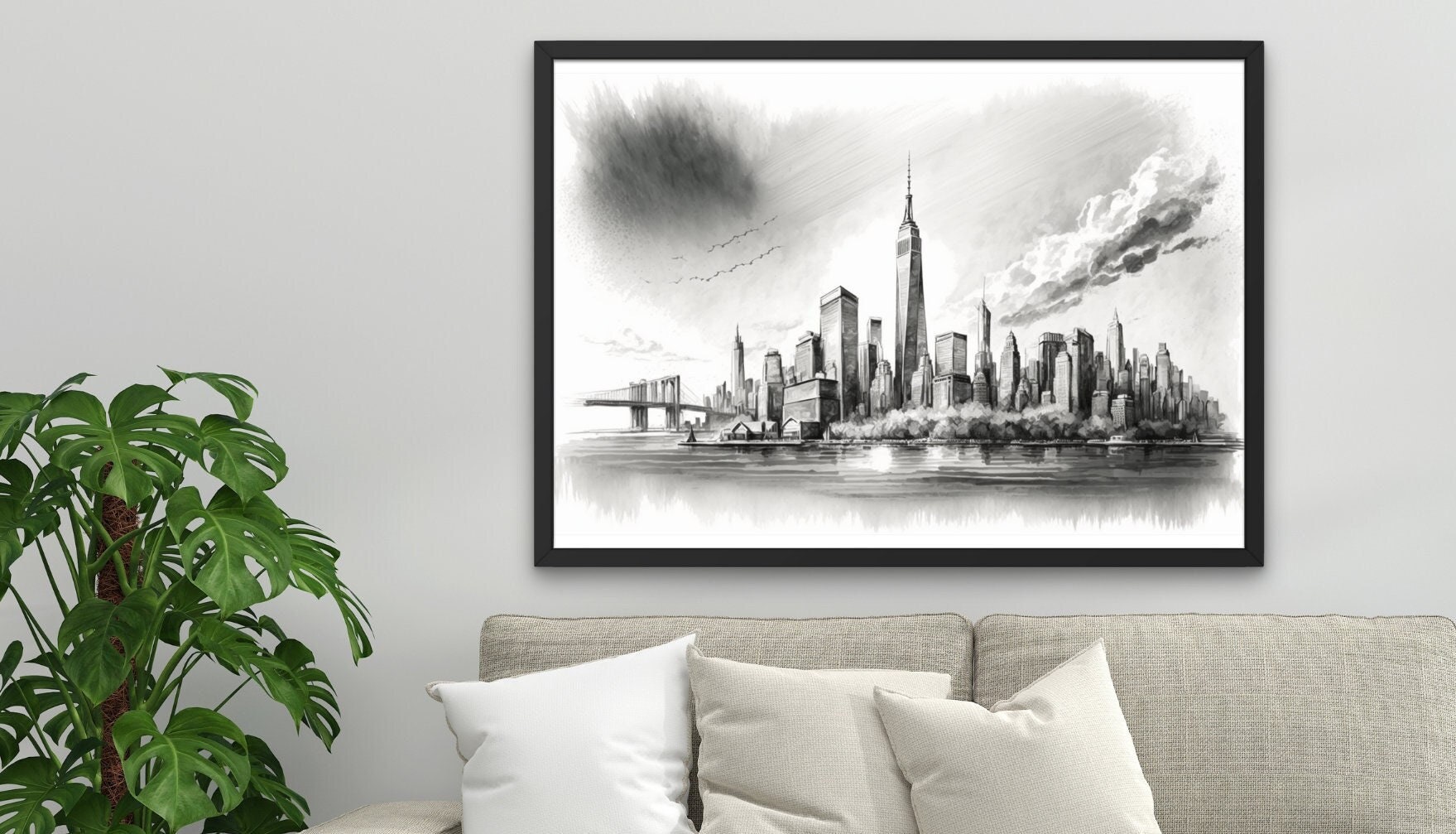 New York City Skyline Pencil Sketch Digital Art Instant Download Black ...