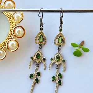 Brass Imitation Green Stone Earring - Brass Long Drop Dangle Earrings, Brass Teardrop Earring - Brass Dangle Perfect For Your Every Occasion
