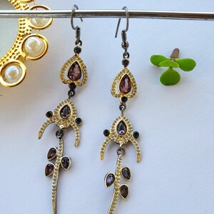 Unique Brass Long Drop Earrings with Imitation Stones - Brass Dangle Earrings - Brass Teardrop Dangle Earrings for Timeless Style