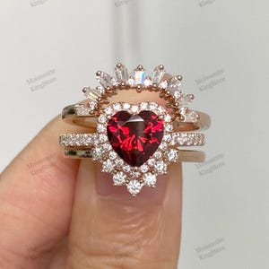 Ruby Heart Cut CZ Stone Engagement Ring, Wedding Bridal Ring, Woman&#39;s Proposal Ring, Gift For Girlfriend, Gold-Silver Rings, Matching Bridal