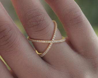 Moissanite Criss Cross Ring: Solid Yellow Gold Minimalist Wedding Band