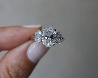 3.50Ct Three Stone Oval Moissanite Engagement Ring, Oval 3 Stone Ring, 14K Solid Gold Ring, Dainty Ring, Moissanite Diamond Ring