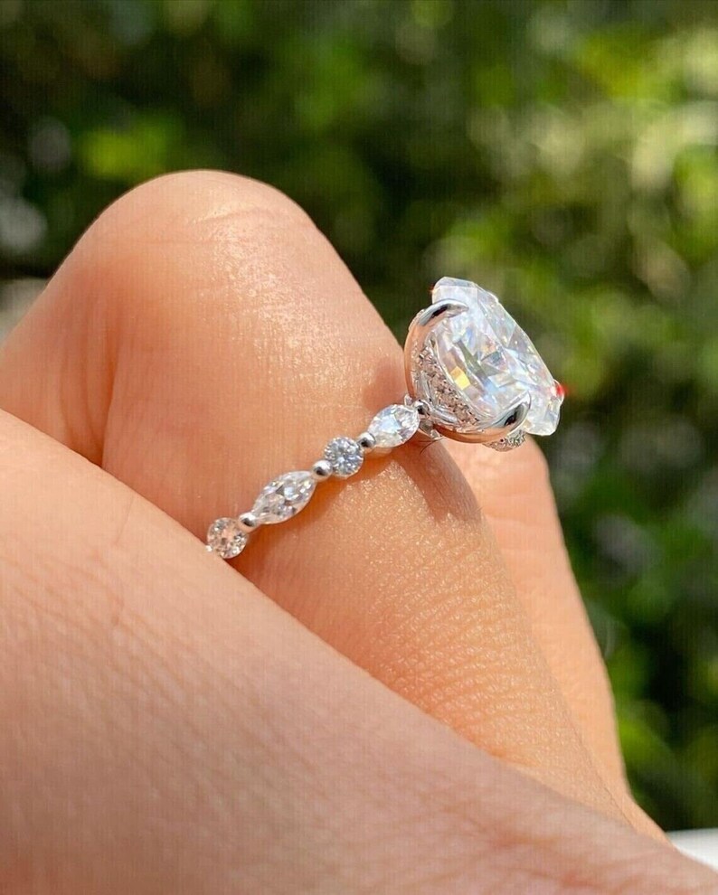 Oval Moissanite Engagement Ring Moissanite Hidden Pave Claw Prong Set