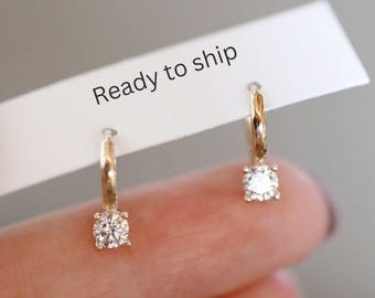Elegant 925 Sterling Silver Diamond Hoop Earrings, Round Brilliant Minimalist Huggie Earring, Dainty Gold Hoops, Perfect Gift for Sister Day
