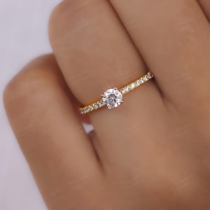 Pave Set Side-Stone Round Moissanite Engagement Ring / 14k Solid Gold Moissanite Ring for Women / 4.50 MM Promise Ring / 0.40 CT Main Stone