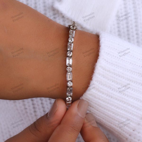 Solid Gold Moissanite Bracelet: Mixed Cut Gemstone Link Bracelet
