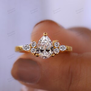 Exquisite Pear Shape Moissanite Cluster Ring / Petite Side Accent / Romantic Design / Customizable Gold Band/ Artisan Crafted Ring For Her.