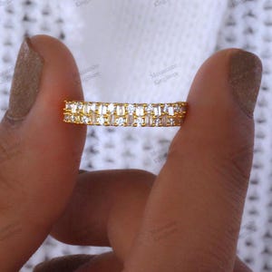 14K Gold Moissanite Wedding Band: Baguette & Round Half Eternity Ring