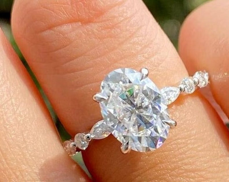 Oval Moissanite Engagement Ring Moissanite Hidden Pave Claw Prong Set