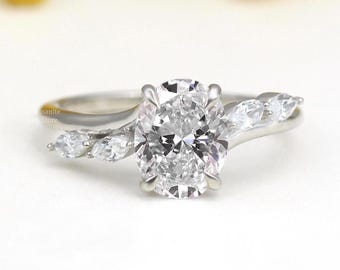 Vintage Oval Moissanite Engagement Ring Set: 18K White Gold Bridal Anniversary Ring