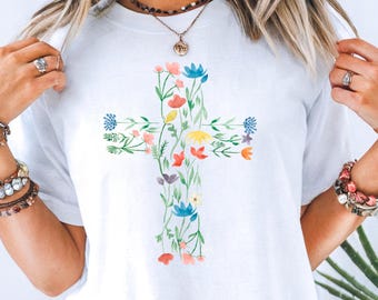 Christian Cross Tee, Flower Cross Women's Jersey, Easter Spring Shirt, Bella Canvas, Religious Gift