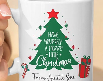 Personalised Christmas Tree Festive Mug Present for Him or Her, Candy Cane Merry Christmas Gift