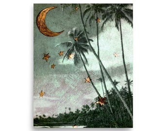 Celestial Art Print, Crescent Moon Wall Decor, Tropical Palm Tree Poster, Starry Night Sky Artwork, Mystical Beach House Decor