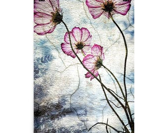 Impressão artística de flores em concreto – Flores rosa, arte de parede texturizada, pôster rústico da natureza