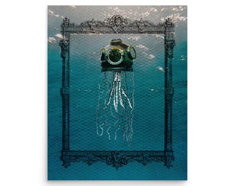 Impressão artística surrealista de mergulhador de águas-vivas - Decoração Steampunk para o fundo do mar - SEM IA