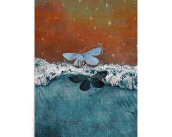 Ocean Moth Celestial Art Print, Surreal Coastal Waves, Eclectic Beach Decor No AI