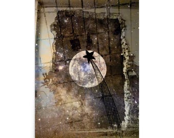 Full Moon Art Print, Shooting Star Wall Decor, Celestial Night Sky Poster, Moody Moon Phase Artwork, Dark Academia Room Decor