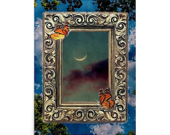Monarch Butterfly Art Print, Crescent Moon Wall Decor, Vintage Ornate Frame Poster, Celestial Butterfly Artwork, Whimsigoth Bedroom Decor