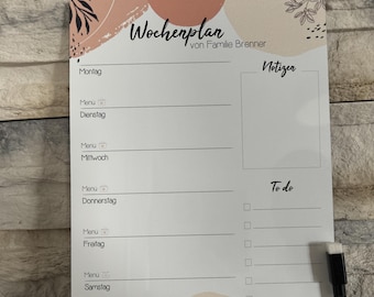 Wochenplan A4 abwischbar Wochenplaner Speiseplan Essensplan Menüplan to do Liste Wandplaner Familienplaner Kalender 2025 Terminkalender