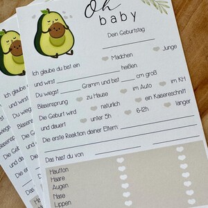 Baby Quiz Tippkarten neutral Ratespiel B-Ware Eltern Babyparty Babyshower Schwanger Spiel Mommy to be Avocado Liebe im Bauch Boy Girl