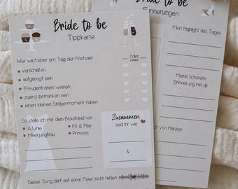 Cartes de conseils pour les enterrements de vie de jeune fille, les quiz pour les futures mariées et les jeux de devinettes pour les demoiselles d'honneur, les mariages et les témoins. Cartes à jouer avec questions et rappels.
