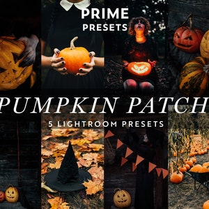 May include: A montage of images showcasing pumpkins, carved jack-o'-lanterns, and a witch's hat. The text "PRIME PRESETS" and "PUMPKIN PATCH" are displayed. The words "5 LIGHTROOM PRESETS" are also visible. The images have a dark, autumnal theme.