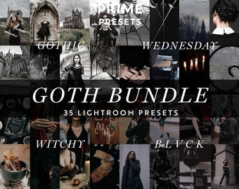 May include: A collage of images showcasing 35 Lightroom presets designed to create a gothic aesthetic. The presets are labelled "Gothic", "Wednesday", "Witchy", and "Blvck".