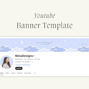 Banner para canal de YouTube BLUE CLOUDS / Plantilla de Canva editable / Estética adorable, linda, pastel y lofi