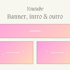 Peut inclure: Une bannière YouTube à dégradé rose et orange avec le texte "NIINA DESIGNS" en blanc. Sous la bannière, deux écrans d'introduction et de conclusion à dégradé rose et orange avec le texte "WELCOME TO MY CHANNEL" et "THANKS FOR WATCHING" en blanc.