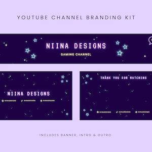 DARK NEON YouTube Channel Branding Kit | Banner, animated intro and outro | Editable Canva Template | Night sky, starry and retro aesthetic