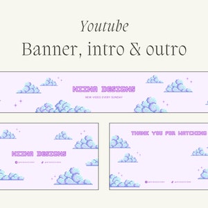 May include: A purple and blue pixel art banner with clouds and the text "NIINA DESIGNS" and "NEW VIDEO EVERY SUNDAY". Below the banner are two more pixel art images with clouds and the text "NIINA DESIGNS" and "THANK YOU FOR WATCHING".