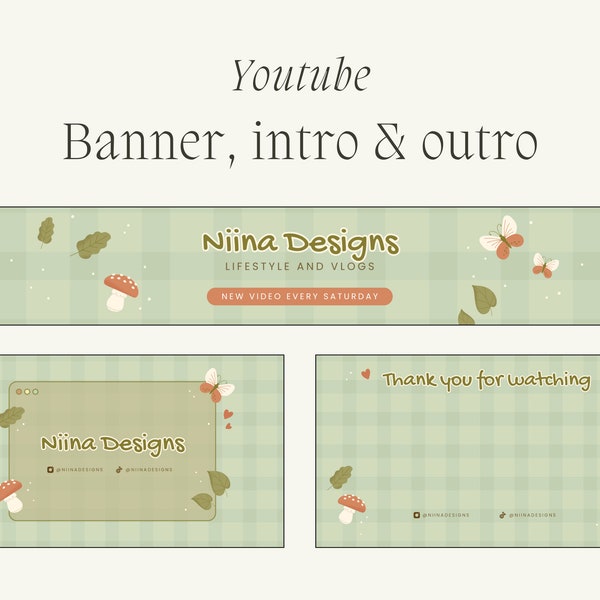 COTTAGE CORE YouTube Channel Branding Kit | Banner, animated intro and outro | Editable Canva template | Forest, nature, cute aesthetic