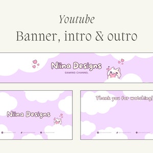 KAWAII YouTube Channel Branding Kit / Banner, introducción y cierre animados / Plantilla Canva editable / Estética linda, pastel y morada