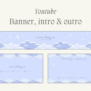BLUE CLOUDS YouTube Channel Branding Kit / Banner, introducción y cierre animados / Plantilla Canva editable / Estética linda, pastel y kawaii