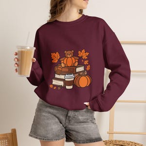 Autumn Fall Cozy Book Stack with Teddy and Pumpkins Crewneck Sweatshirt