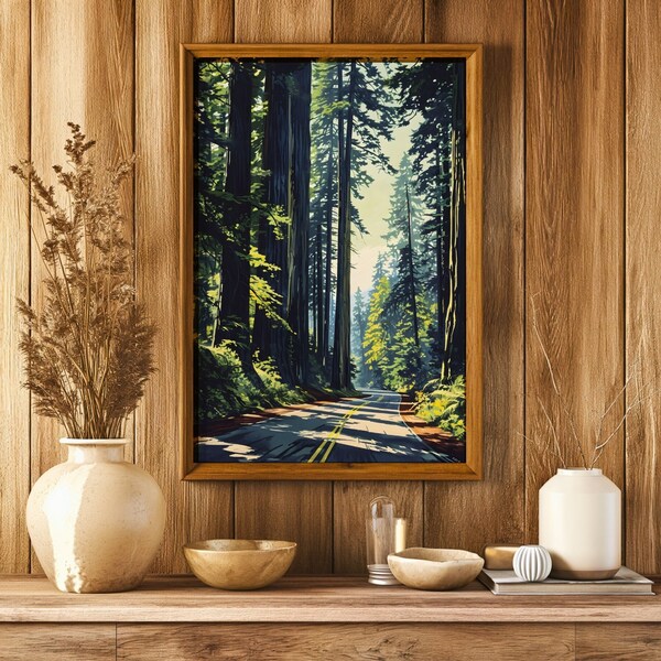 Forest Road Trip Poster - Redwood National Park Scenic Drive -  Retro Rustic Natural  -  Northern California Country Highway 101 Car Travel