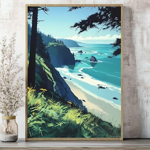 Póster de playa de Lost Coast: acantilados oceánicos del norte de California; póster de bosque de secuoyas; arte costero escénico para decoración rústica y moderna del hogar