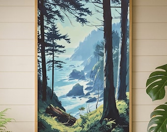 Lámina artística del noroeste del Pacífico, póster del Parque Nacional Redwood, Vista de la Costa Perdida, regalo para excursionistas