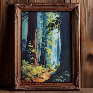 California Redwood Forest Art Print - Hiking Trail - Pacific Northwest National Park Vintage Travel Poster - Midcentury Natural Landscape
