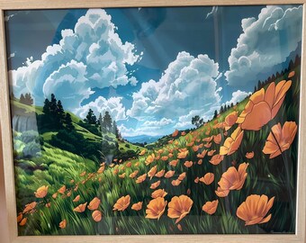 California Poppies Poster, Wildflower Meadow Coastal Hills Art, Landscape Wall Decor