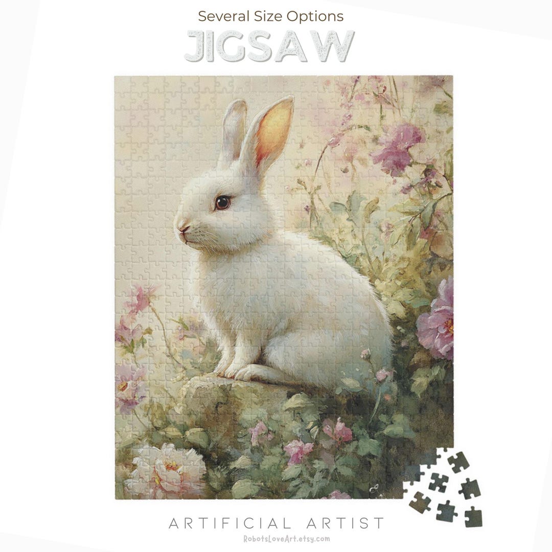 Jigsaw Puzzle, Beautiful White Rabbit Sitting on a Rock Surrounded by ...